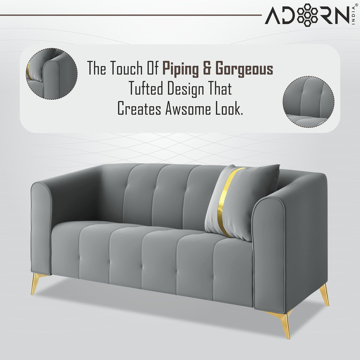 Adorn India Premium Mystic - 3 Years Warranty - 2 Seater Sofa Velvet Suede Fabric -Grey