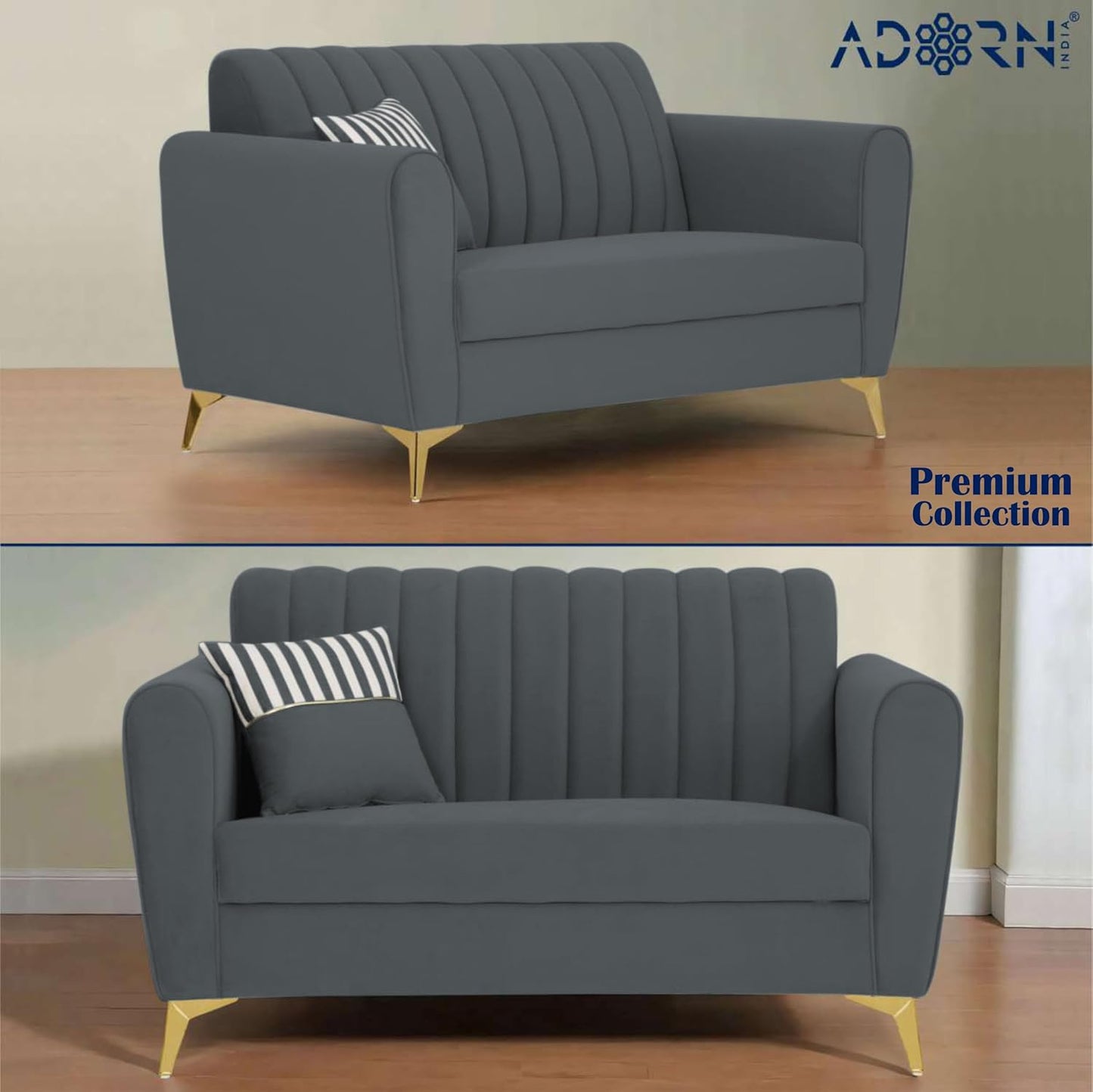 Adorn India Premium Luster 3+2+1 Sofa Set | Velvet Suede Fabric | 3-Year Warranty | Color Dark Grey with Golden Legs & Striped Pattern Cushion