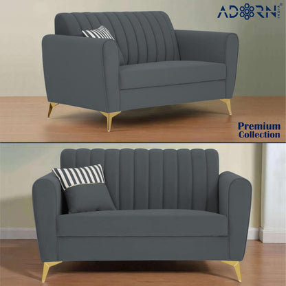 Adorn India Premium Luster 3+2+1 Sofa Set | Velvet Suede Fabric | 3-Year Warranty | Color Dark Grey with Golden Legs & Striped Pattern Cushion