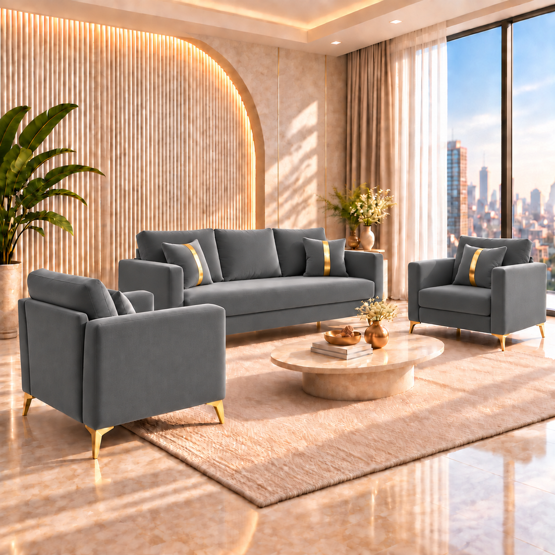 Premium Chandler - - 3+1+1 Sofa Set Velvet Suede Fabric - Grey