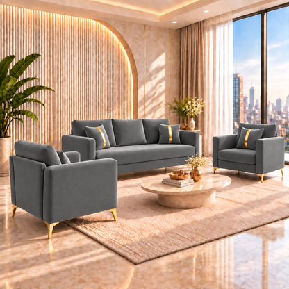 Premium Chandler - - 3+1+1 Sofa Set Velvet Suede Fabric - Grey