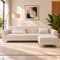 Premium Luster 4 Seater L Shape Sofa Set | Velvet Suede Fabric | 3-Year Warranty | Color Cream with Golden Legs & Striped Pattern Cushion