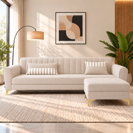 Premium Luster 4 Seater L Shape Sofa Set | Velvet Suede Fabric | 3-Year Warranty | Color Cream with Golden Legs & Striped Pattern Cushion