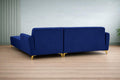 Adorn India Premium Luster 6 Seater L Shape Sofa Set | Velvet Suede Fabric | 3-Year Warranty | RHS |Color Blue with Golden Legs & Striped Pattern Cushion