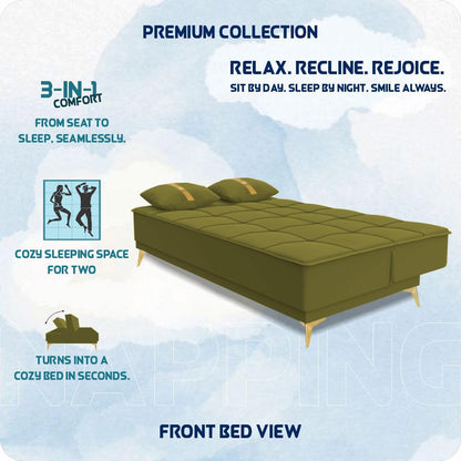 Adorn India Premium New Alyssum 3 Seater Sofa Cum Bed 4X6 Velvet Suede with 2 Cushions (Color Light Green) and Suitable for All Indoor, with 3 Years Warranty