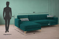 Adorn India Premium Luster 6 Seater L Shape Sofa Set | Velvet Suede Fabric | 3-Year Warranty | LHS |Color Ocean Blue with Golden Legs & Striped Pattern Cushion