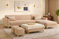 Adorn India Premium Luster 8 Seater L Shape Sofa Set with 2 Puffy & 1 Center Table | Velvet Suede Fabric | 3-Year Warranty | RHS | Beige with Golden Legs & Striped Pattern Cushion