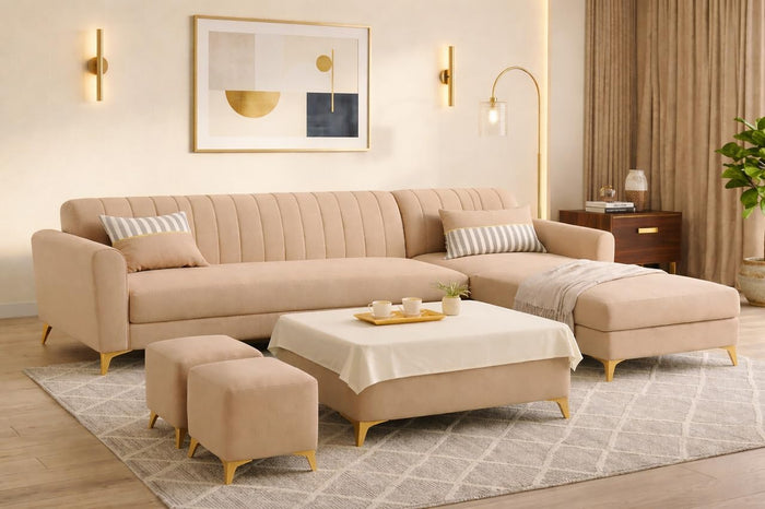 Adorn India Premium Luster 8 Seater L Shape Sofa Set with 2 Puffy & 1 Center Table | Velvet Suede Fabric | 3-Year Warranty | RHS | Beige with Golden Legs & Striped Pattern Cushion