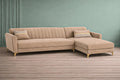 Adorn India Premium Luster 6 Seater L Shape Sofa Set | Velvet Suede Fabric | 3-Year Warranty | RHS |Color Beige with Golden Legs & Striped Pattern Cushion