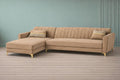 Adorn India Premium Luster 6 Seater L Shape Sofa Set | Velvet Suede Fabric | 3-Year Warranty | LHS |Color Camel with Golden Legs & Striped Pattern Cushion
