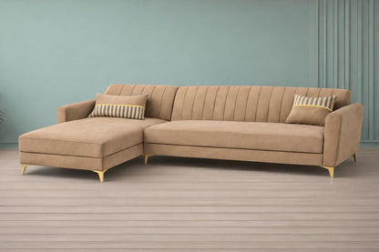 Adorn India Premium Luster 6 Seater L Shape Sofa Set | Velvet Suede Fabric | 3-Year Warranty | LHS |Color Camel with Golden Legs & Striped Pattern Cushion