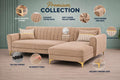 Adorn India Premium Luster 6 Seater L Shape Sofa Set | Velvet Suede Fabric | 3-Year Warranty | RHS |Color Beige with Golden Legs & Striped Pattern Cushion