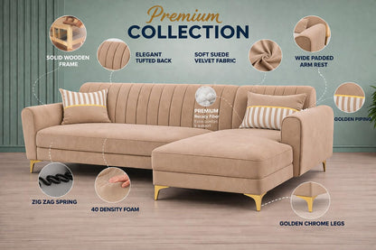Adorn India Premium Luster 8 Seater L Shape Sofa Set with 2 Puffy & 1 Center Table | Velvet Suede Fabric | 3-Year Warranty | RHS | Beige with Golden Legs & Striped Pattern Cushion