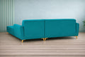 Adorn India Premium Luster 6 Seater L Shape Sofa Set | Velvet Suede Fabric | 3-Year Warranty | RHS |Color Aqua Blue with Golden Legs & Striped Pattern Cushion