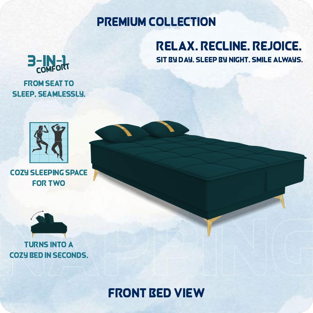 Adorn India Premium New Alyssum 3 Seater Sofa Cum Bed 4X6 Velvet Suede with 2 Cushions (Color Ocean Blue) and Suitable for All Indoor, with 3 Years Warranty