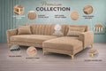 Adorn India Premium Luster 6 Seater L Shape Sofa Set | Velvet Suede Fabric | 3-Year Warranty | RHS |Color Camel with Golden Legs & Striped Pattern Cushion