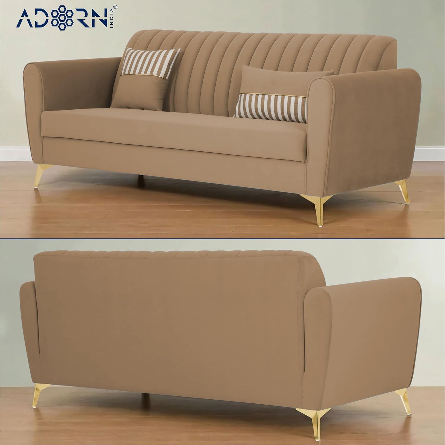 Adorn India Premium Luster 3-2-1 Sofa Set | Velvet Suede Fabric | 3-Year Warranty | Color Camel with Golden Legs & Striped Pattern Cushion