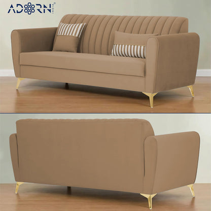 Adorn India Premium Luster 3-2-1 Sofa Set | Velvet Suede Fabric | 3-Year Warranty | Color Camel with Golden Legs & Striped Pattern Cushion