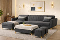 Adorn India Premium Luster 8 Seater L Shape Sofa Set with 2 Puffy & 1 Center Table | Velvet Suede Fabric | 3-Year Warranty | LHS | Dark Grey with Golden Legs & Striped Pattern Cushion