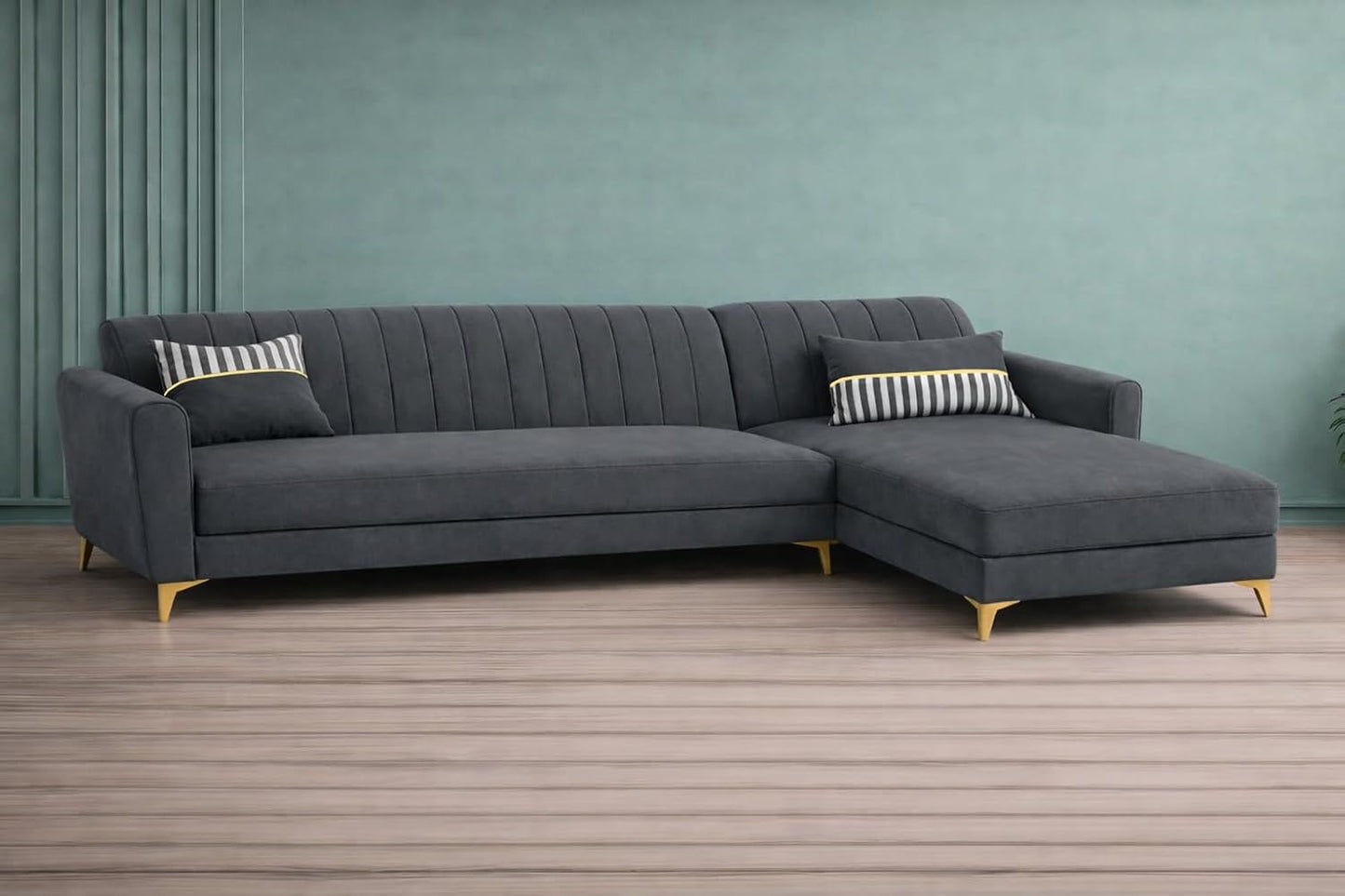 Adorn India Premium Luster 6 Seater L Shape Sofa Set | Velvet Suede Fabric | 3-Year Warranty | RHS |Color Dark Grey with Golden Legs & Striped Pattern Cushion