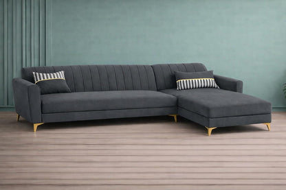 Adorn India Premium Luster 6 Seater L Shape Sofa Set | Velvet Suede Fabric | 3-Year Warranty | RHS |Color Dark Grey with Golden Legs & Striped Pattern Cushion