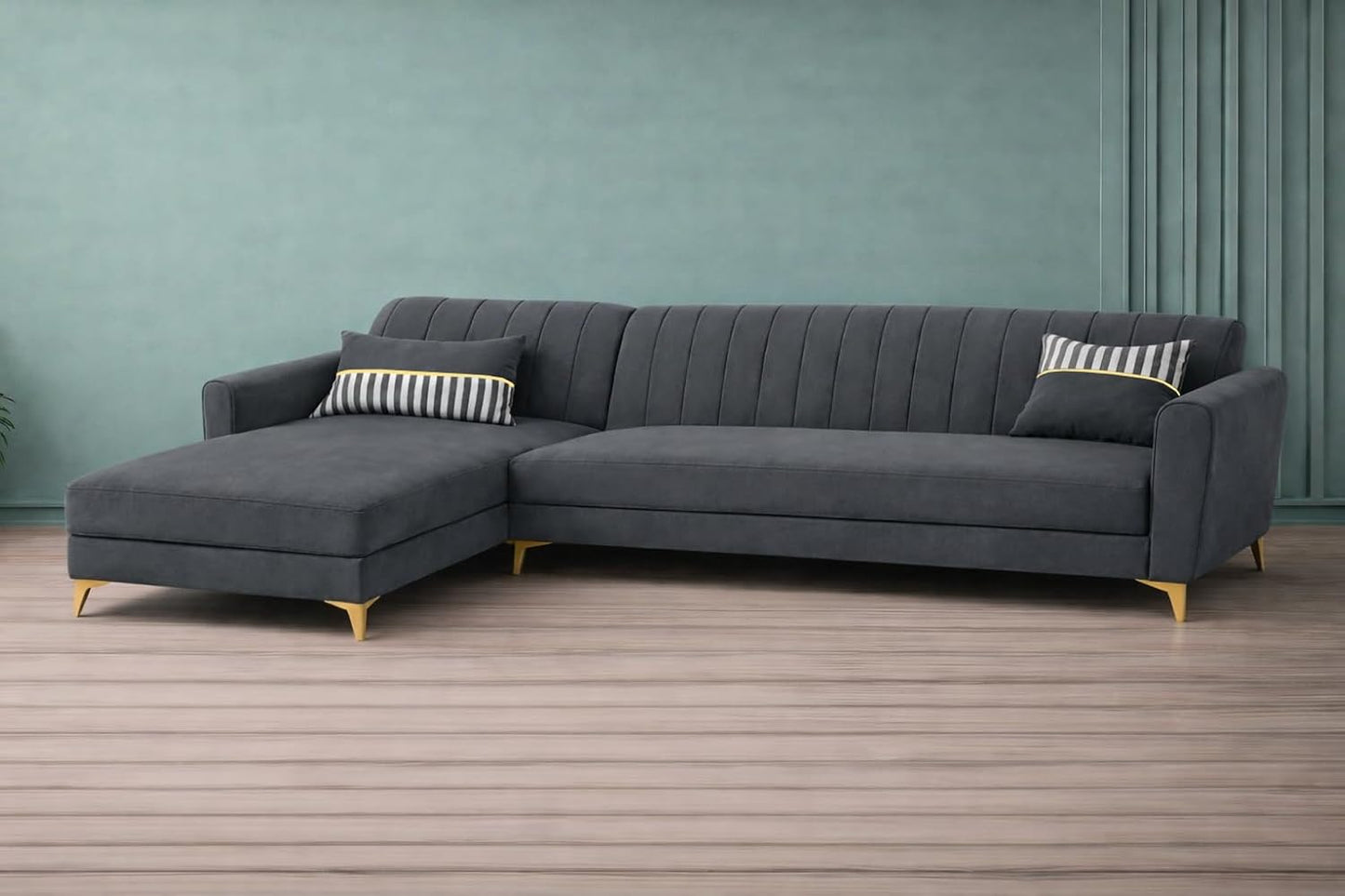 Adorn India Premium Luster 6 Seater L Shape Sofa Set | Velvet Suede Fabric | 3-Year Warranty | LHS |Color Dark Grey with Golden Legs & Striped Pattern Cushion