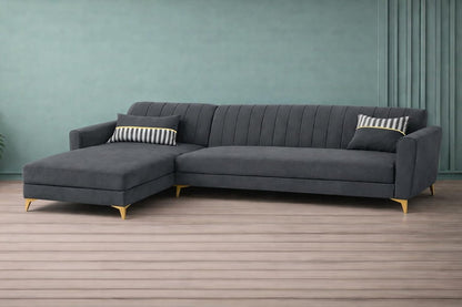 Adorn India Premium Luster 6 Seater L Shape Sofa Set | Velvet Suede Fabric | 3-Year Warranty | LHS |Color Dark Grey with Golden Legs & Striped Pattern Cushion