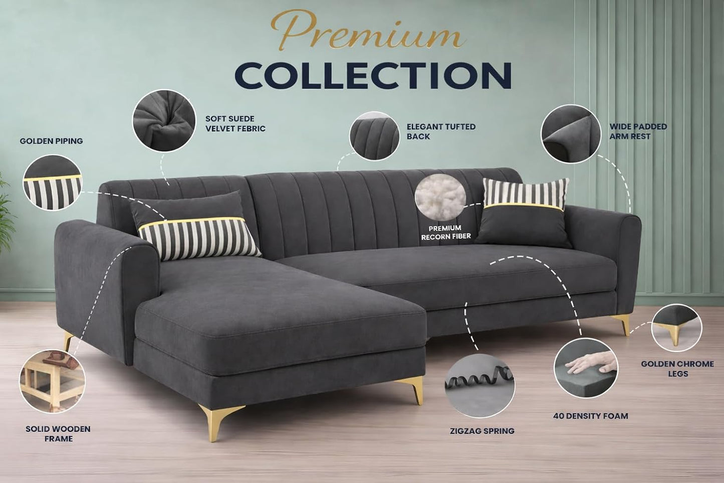 Adorn India Premium Luster 6 Seater L Shape Sofa Set | Velvet Suede Fabric | 3-Year Warranty | LHS |Color Dark Grey with Golden Legs & Striped Pattern Cushion