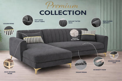 Adorn India Premium Luster 6 Seater L Shape Sofa Set | Velvet Suede Fabric | 3-Year Warranty | LHS |Color Dark Grey with Golden Legs & Striped Pattern Cushion