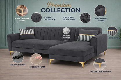 Adorn India Premium Luster 6 Seater L Shape Sofa Set | Velvet Suede Fabric | 3-Year Warranty | RHS |Color Dark Grey with Golden Legs & Striped Pattern Cushion
