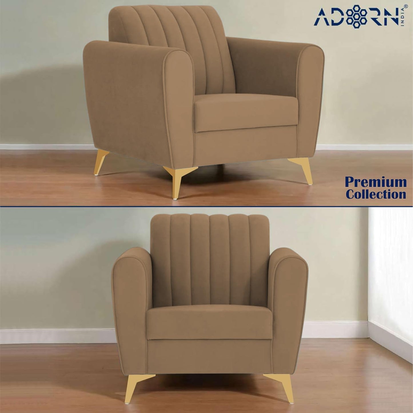 Adorn India Premium Luster 3-2-1 Sofa Set | Velvet Suede Fabric | 3-Year Warranty | Color Camel with Golden Legs & Striped Pattern Cushion