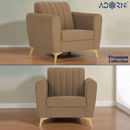 Adorn India Premium Luster 3-2-1 Sofa Set | Velvet Suede Fabric | 3-Year Warranty | Color Camel with Golden Legs & Striped Pattern Cushion