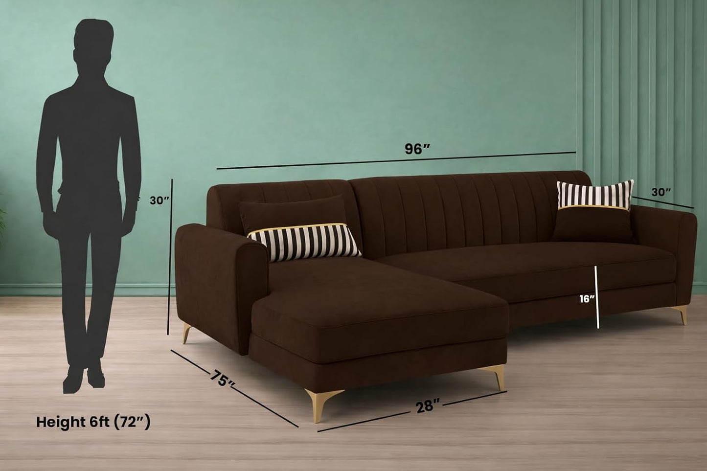 Adorn India Premium Luster 6 Seater L Shape Sofa Set | Velvet Suede Fabric | 3-Year Warranty | LHS |Color Brown with Golden Legs & Striped Pattern Cushion