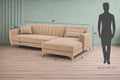 Adorn India Premium Luster 8 Seater L Shape Sofa Set with 2 Puffy & 1 Center Table | Velvet Suede Fabric | 3-Year Warranty | RHS | Beige with Golden Legs & Striped Pattern Cushion