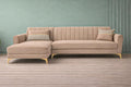 Adorn India Premium Luster 8 Seater L Shape Sofa Set with 2 Puffy & 1 Center Table | Velvet Suede Fabric | 3-Year Warranty | LHS | Beige with Golden Legs & Striped Pattern Cushion