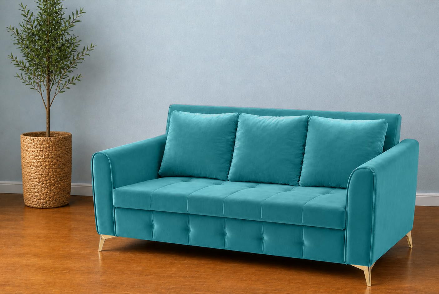 Adorn India Premium Mystic - 3 Years Warranty - 3 Seater Sofa Cum Bed Velvet Suede Fabric - Aqua Blue