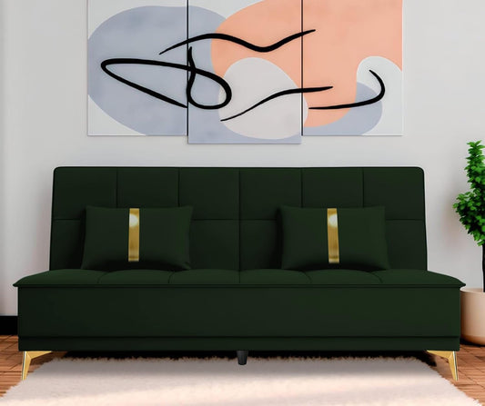 Adorn India Premium New Alyssum 3 Seater Sofa Cum Bed 4X6 Velvet Suede with 2 Cushions (Color Green) and Suitable for All Indoor, with 3 Years Warranty