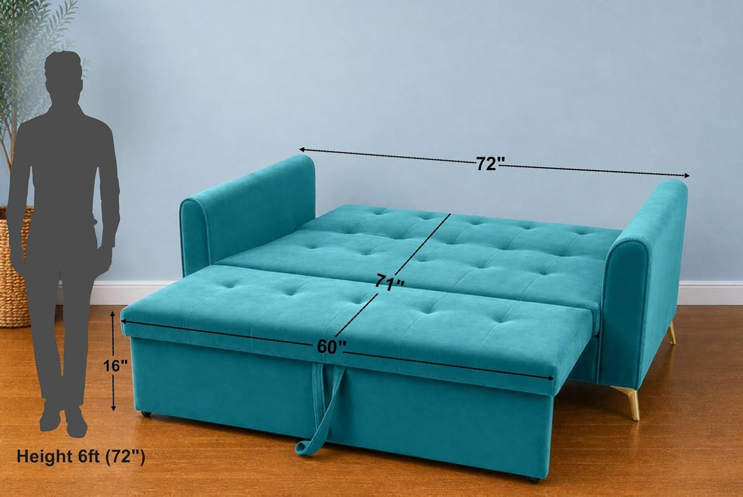 Adorn India Premium Mystic - 3 Years Warranty - 3 Seater Sofa Cum Bed Velvet Suede Fabric - Aqua Blue