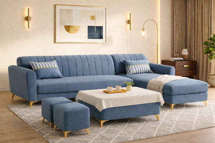 Adorn India Premium Luster 8 Seater L Shape Sofa Set with 2 Puffy & 1 Center Table | Velvet Suede Fabric | 3-Year Warranty | RHS | Grey with Golden Legs & Striped Pattern Cushion