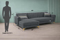 Adorn India Premium Luster 8 Seater L Shape Sofa Set with 2 Puffy & 1 Center Table | Velvet Suede Fabric | 3-Year Warranty | LHS | Dark Grey with Golden Legs & Striped Pattern Cushion