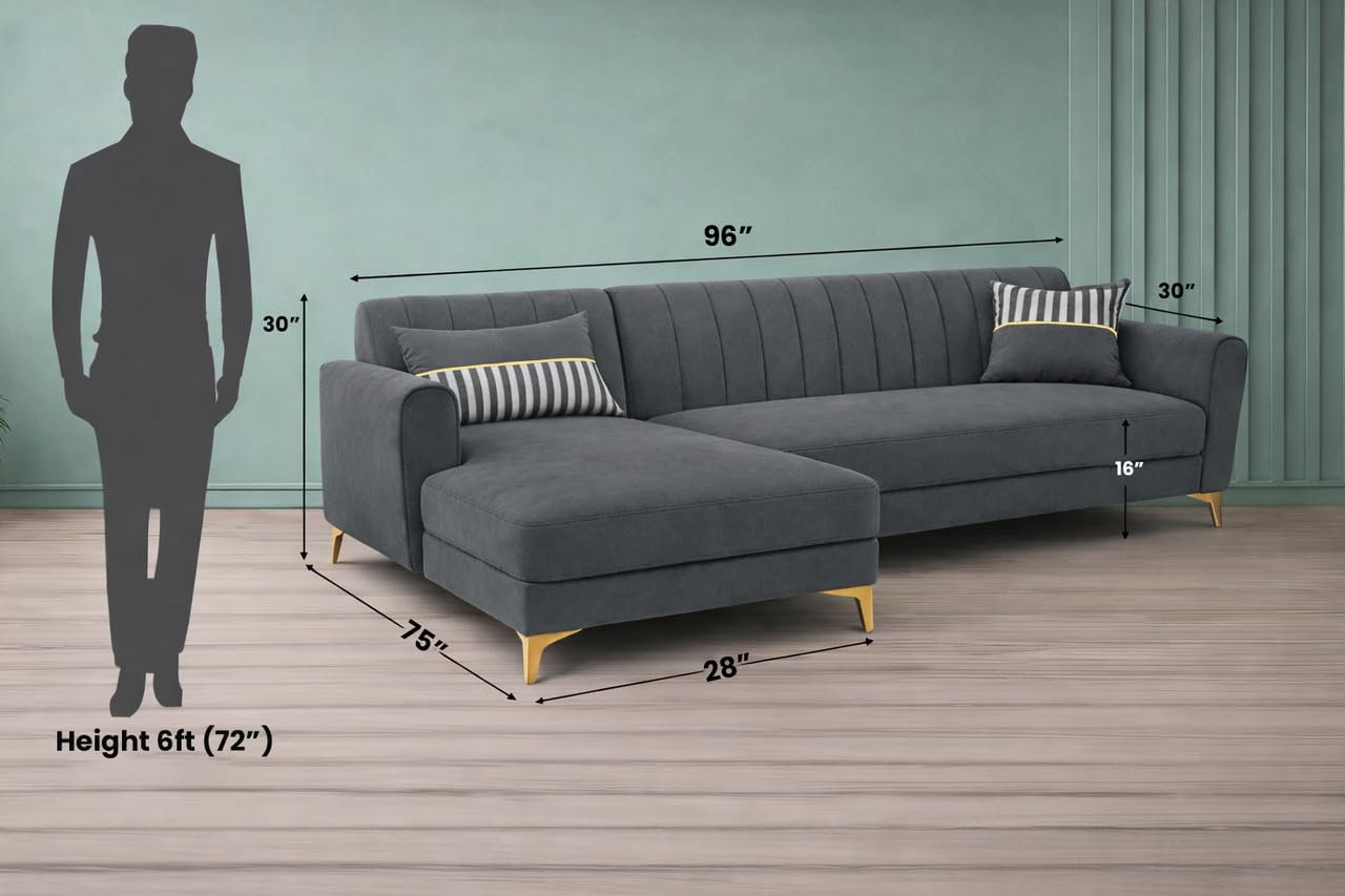 Adorn India Premium Luster 8 Seater L Shape Sofa Set with 2 Puffy & 1 Center Table | Velvet Suede Fabric | 3-Year Warranty | LHS | Dark Grey with Golden Legs & Striped Pattern Cushion