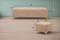 Adorn India Premium Luster 8 Seater L Shape Sofa Set with 2 Puffy & 1 Center Table | Velvet Suede Fabric | 3-Year Warranty | RHS | Beige with Golden Legs & Striped Pattern Cushion