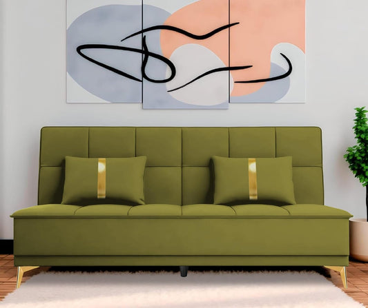 Adorn India Premium New Alyssum 3 Seater Sofa Cum Bed 4X6 Velvet Suede with 2 Cushions (Color Light Green) and Suitable for All Indoor, with 3 Years Warranty