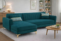Adorn India Premium Luster 6 Seater L Shape Sofa Set | Velvet Suede Fabric | 3-Year Warranty | LHS |Color Ocean Blue with Golden Legs & Striped Pattern Cushion