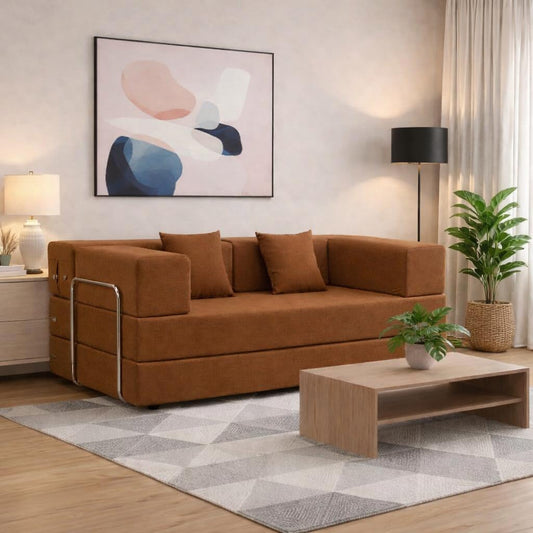 Adorn India Easy Premium Modular 4 Seater Sofa Cum Bed | Velvet Suede Fabric | Colour Brown | Modern Design | Size 6x6 Fit | Comfortable for Seat & Sleep | Washable Cover | Perfect for Home & Office