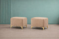 Adorn India Premium Luster 8 Seater L Shape Sofa Set with 2 Puffy & 1 Center Table | Velvet Suede Fabric | 3-Year Warranty | RHS | Beige with Golden Legs & Striped Pattern Cushion