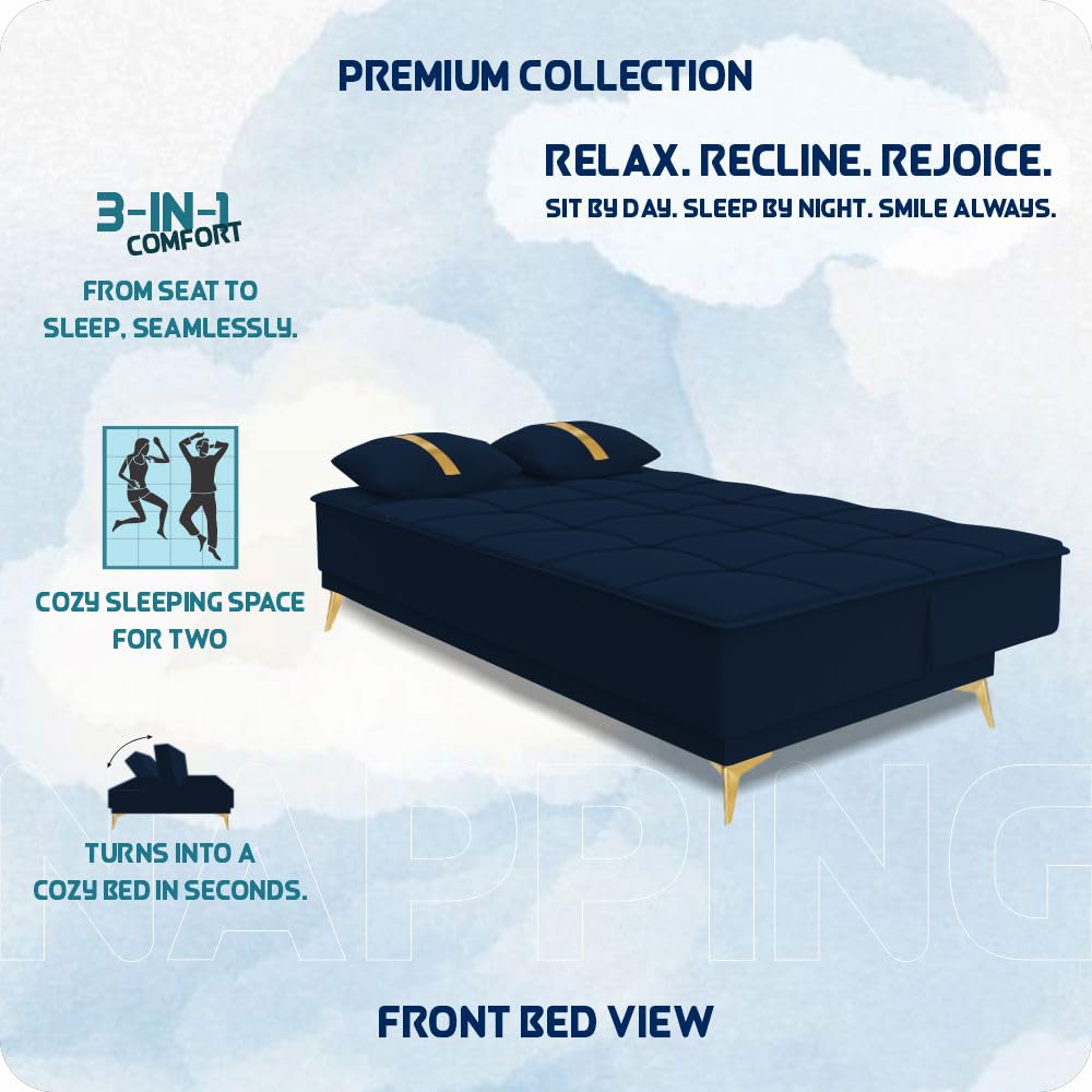 Adorn India Premium New Alyssum 3 Seater Sofa Cum Bed 4X6 Velvet Suede with 2 Cushions (Color Blue) and Suitable for All Indoor, with 3 Years Warranty