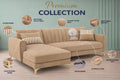 Premium Luster 8 Seater L Shape Sofa Set with 2 Puffy & 1 Center Table | Velvet Suede Fabric | 3-Year Warranty | LHS | Camel with Golden Legs & Striped Pattern Cushion