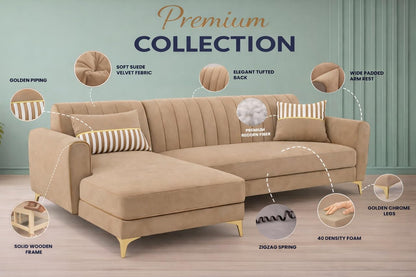 Adorn India Premium Luster 8 Seater L Shape Sofa Set with 2 Puffy & 1 Center Table | Velvet Suede Fabric | 3-Year Warranty | LHS | Camel with Golden Legs & Striped Pattern Cushion