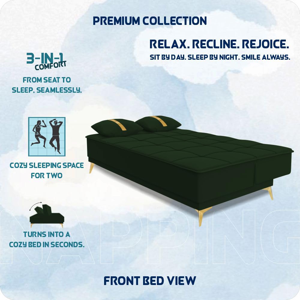 Adorn India Premium New Alyssum 3 Seater Sofa Cum Bed 4X6 Velvet Suede with 2 Cushions (Color Green) and Suitable for All Indoor, with 3 Years Warranty